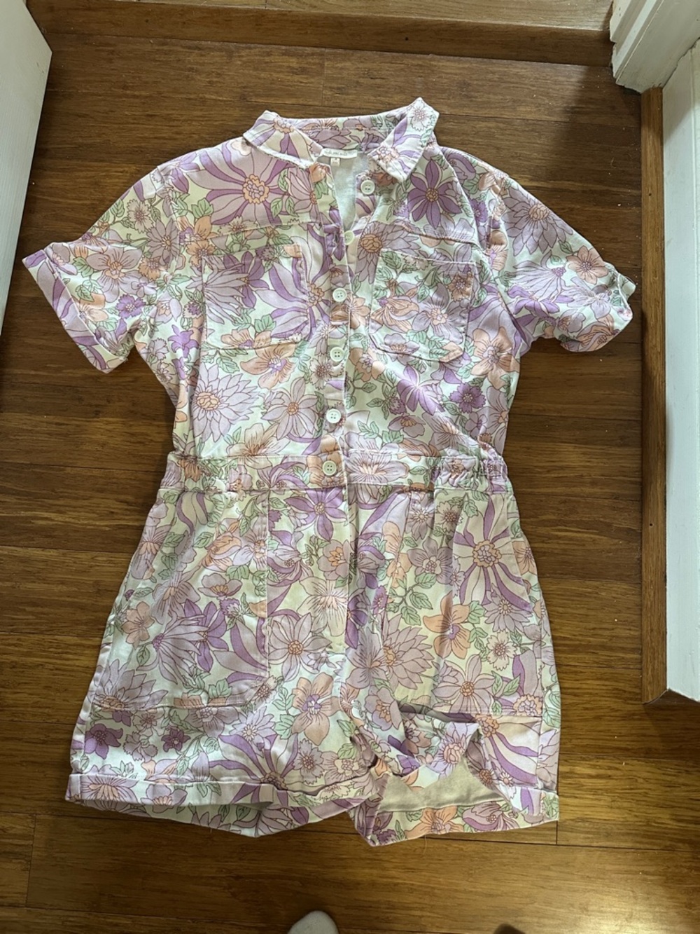 Floral Short Sleeve Romper Pantsuit - Lavender/Peach